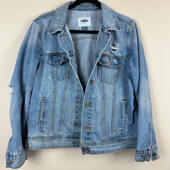 Old Navy Distressed Denim Jacket Womens L Classic Jean Washed Layer Rodeo Boho - Picture 2 of 9
